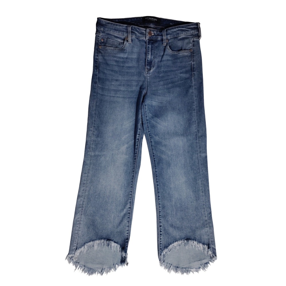 Liverpool Los Angeles The Crop Flare‎ Jeans Blue Raw Frayed Hem Size 10/30